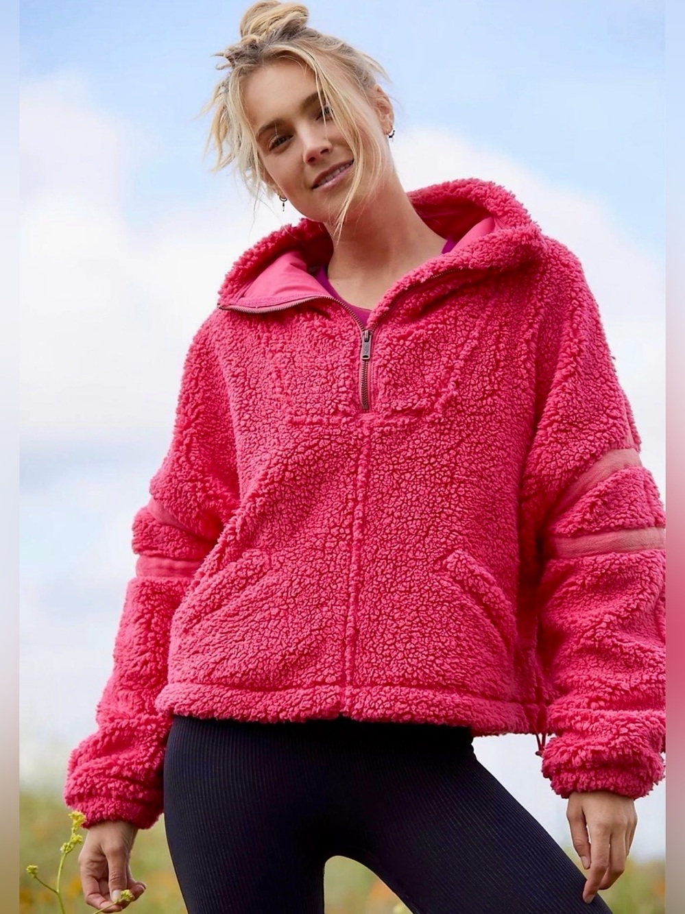 Free People Nantucket Pink Sherpa Zip-Up Fleece Pullover Women New